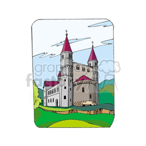 Clipart illustration of a classic European-style castle with towers and turrets set against a scenic backdrop.