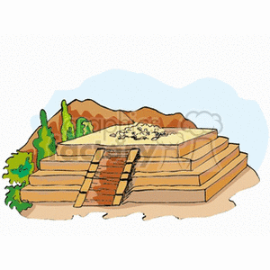 A clipart image featuring a step pyramid with steps leading to the top, surrounded by trees and mountains.