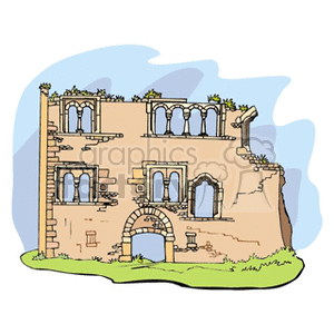 Clipart image of a partially demolished historic building with arched windows, resembling architectural remnants.