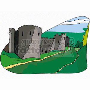 Clipart image of a historic stone castle surrounded by greenery and pathways with a blue sky.