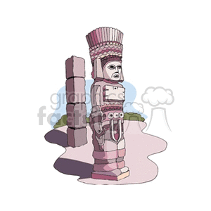 Clipart image of a Toltec warrior statue, with another stone pillar in the background, commonly associated with ancient Mesoamerican cultures.