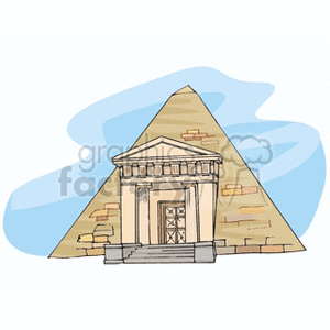 Clipart image of a pyramid with a classical entrance facade, representing a blend of architectural styles with international landmarks.