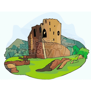 Clipart illustration of an ancient castle ruin surrounded by greenery and hills.