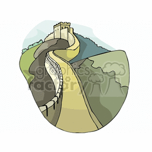 Clipart illustration of the Great Wall of China, showcasing its iconic winding structure across hills.