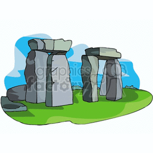 Clipart image of Stonehenge featuring standing stones on green grass with a blue sky.