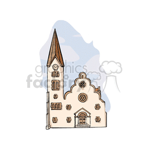 A clipart image of a church building with a tall steeple and ornate facade.