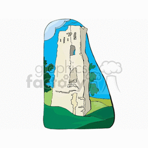 Clipart image of a historic stone tower amid a scenic landscape.