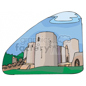 Clipart of an ancient castle landmark with cylindrical towers and surrounding walls.