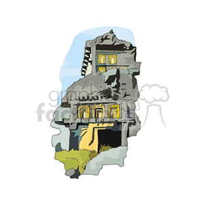 Clipart illustration of ancient rock-cut architecture resembling historical landmarks.