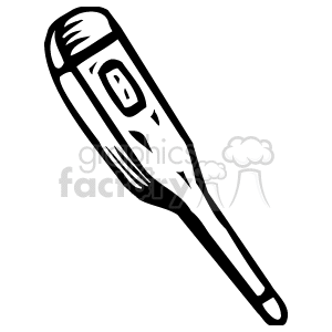   This is a black and white clipart image of a digital medical thermometer. The thermometer is illustrated in a simple style, with the display and buttons visible, indicating it