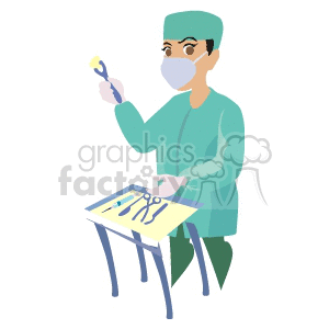 Clipart image of a medical surgeon in scrubs and a mask, holding surgical tools next to a tray with other surgical instruments.