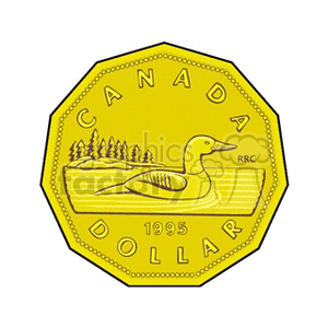A clipart image of a Canadian one dollar coin, commonly known as the 'Loonie,' featuring a loon swimming with trees in the background. The coin is dated 1995.