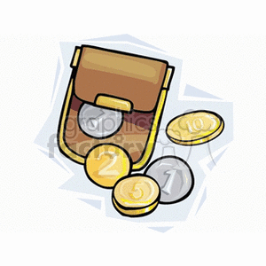 A clipart image of a brown coin purse with gold and silver coins scattered around it.