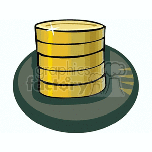 A clipart image of a stack of gold coins placed on a dark green circular base.