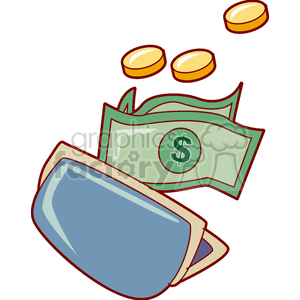 A clipart image of an open wallet with dollar bills and coins.