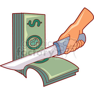 Clipart image of a hand holding a knife cutting through a stack of money