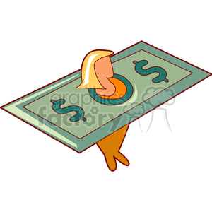 A clipart illustration of a person with a head and legs protruding from the center of a large dollar bill. The image symbolizes money or financial concepts.
