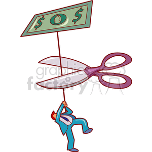A cartoon image of a person in a business suit hanging from a large pair of scissors that is cutting a string attached to a dollar bill.