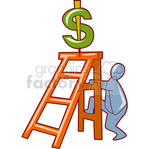 A clipart image of a person climbing a ladder with a large green dollar symbol at the top, representing the concept of achieving financial success.
