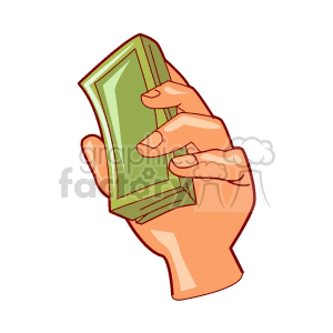 A clipart image of a hand holding a stack of green money bills.
