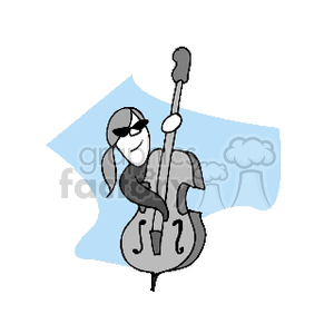 A stylized illustration of a person playing a cello with sunglasses, evoking a jazz vibe.