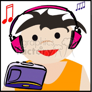 A clipart image of a person with headphones and a radio, surrounded by musical notes.