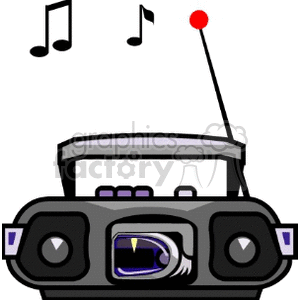 This image shows a portable radio with a cassette tape player on the front. It has a long black ariel with a red dot on the end. There is music notes in the air, which suggests its playing something
