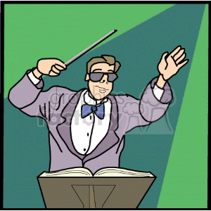 Clipart image of a music conductor leading an orchestra, depicted with a baton and a score sheet, emphasizing classical music settings.