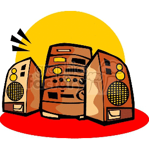 Clipart image of a stereo system with two speakers and a main unit, set against a yellow background.