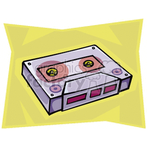 A colorful clipart image of a vintage cassette tape on a yellow background.