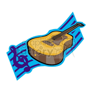 A clipart image featuring an acoustic guitar and a treble clef on a stylized blue background.