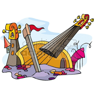 Abstract clipart featuring parts of string instruments like cellos and violins integrated into a whimsical landscape.