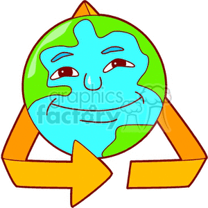 A cheerful Earth globe with a smiling face, surrounded by an orange recycling triangle symbol, symbolizing eco-friendliness and environmental awareness.