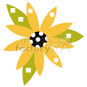 This clipart image depicts a stylized yellow flower with a central black circle containing white polka dots. The flower has green leaves with decorative perforations at the tips.