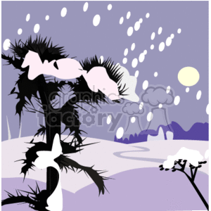 The clipart image depicts a snowy winter scene. Features include falling snowflakes, a snow-covered landscape, a coniferous tree with snow on its branches, and a purple sky with what appears to be a full moon or setting sun in the distance.