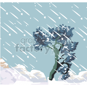 This clipart image depicts a snowy winter scene. It shows heavy snowfall with thick white snow streaks descending diagonally across the image, implying an ongoing snowstorm or blizzard. A solitary tree, with its branches weighed down by snow, stands prominently against a muted sky. Snowdrifts are seen at the base of the tree, suggesting accumulation and cold weather.