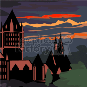 Clipart image of a Gothic-style haunted house or castle at dusk, set against a dramatic sky with a silhouette of trees.