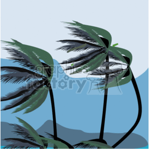 This clipart image features a tropical scene with palm trees that appear to be swaying in the wind, indicating windy weather conditions. The background suggests a coastal or island setting with mountains, which contributes to the vacation or nature theme.