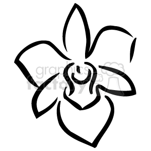   The image is a simple black and white line drawing of a single orchid flower. It displays the characteristic bilateral symmetry of orchids, with a prominent labellum (often referred to as the 