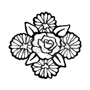 The clipart image depicts a central rose surrounded by multiple flowers with detailed petals and leaves.