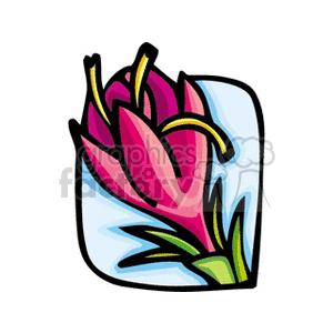 A colorful clipart illustration of a stylized flower with pink petals and green leaves.