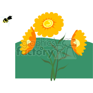 Cartoon Bee Pollinating Stylized Yellow and Orange Flowers