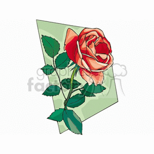 Clipart image of a single red rose with green leaves on a geometric background.