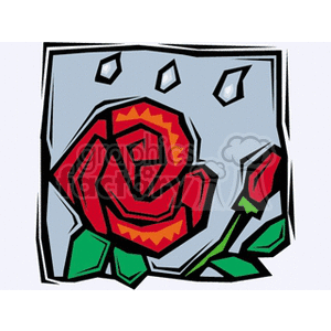 Abstract clipart of a red rose with geometric shapes and green leaves.