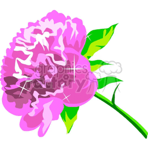 A vibrant clipart image of a pink flower with green leaves.