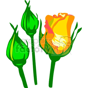 A vibrant clipart image showing a yellow rose in bloom with two green rosebuds, representing growth and nature.