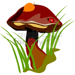 Clipart of a red mushroom with a ladybug on it, surrounded by green grass.