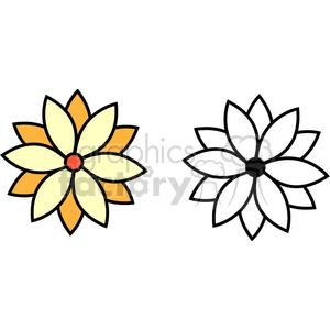 A clipart image featuring two stylized flowers with multiple petals. One flower is colored with shades of yellow and orange, and the other is in black and white.