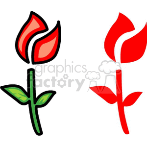 Illustration of two stylized red flower designs resembling roses or tulips.