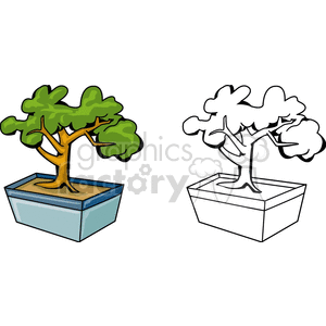 Clipart image of a bonsai tree in a pot with both colored and outlined versions.